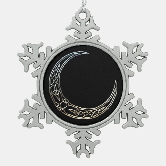 Silver And Black Celtic Crescent Moon Snowflake Pewter Christmas Ornament (Front)