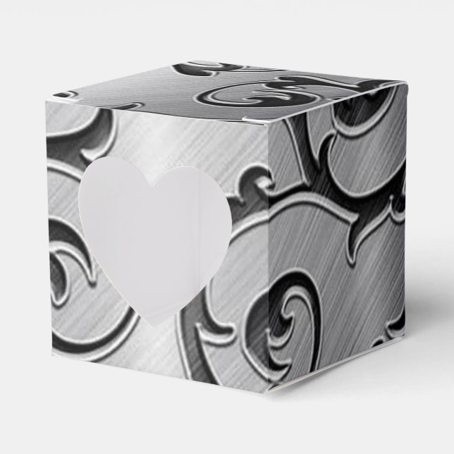 Silver and Black Curls Pattern Heart Favour Box (Front Side)