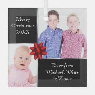 Silver and Black Custom Photo Personalised  Glass Ornament