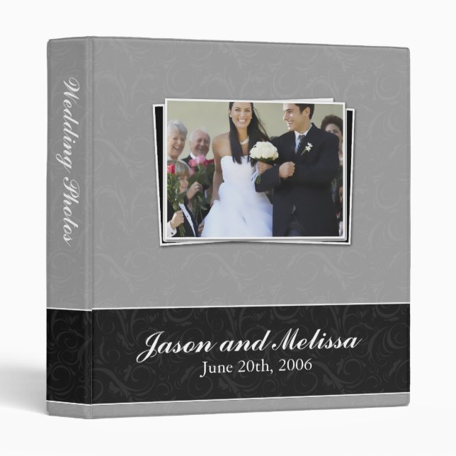 Silver and Black Damask Pattern Custom Wedding Binder (Front/Spine)