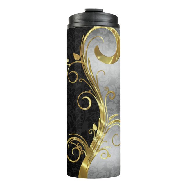 Silver and Black Damask  Thermal Tumbler (Front)