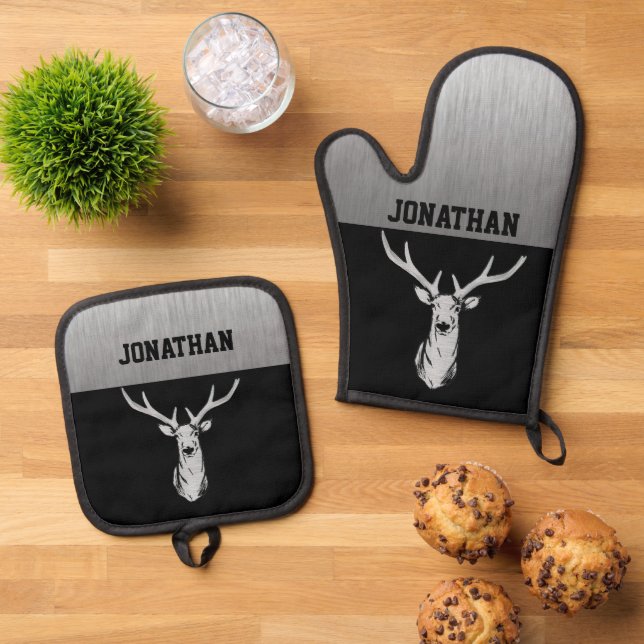 Silver and Black Deer Hunting Monogram Oven Mitt & Pot Holder Set (Top Down)