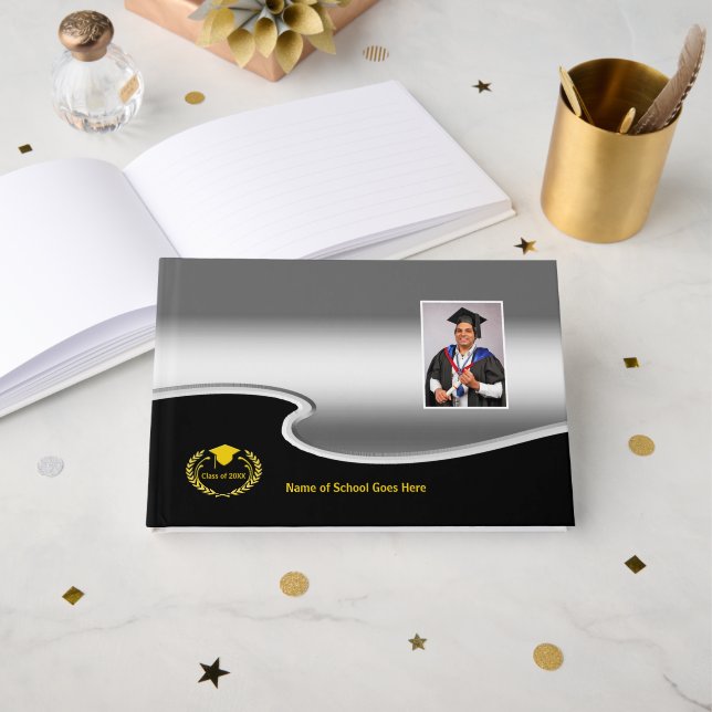 Silver and Black design Photo Gold Text Guest Book (Front Open)