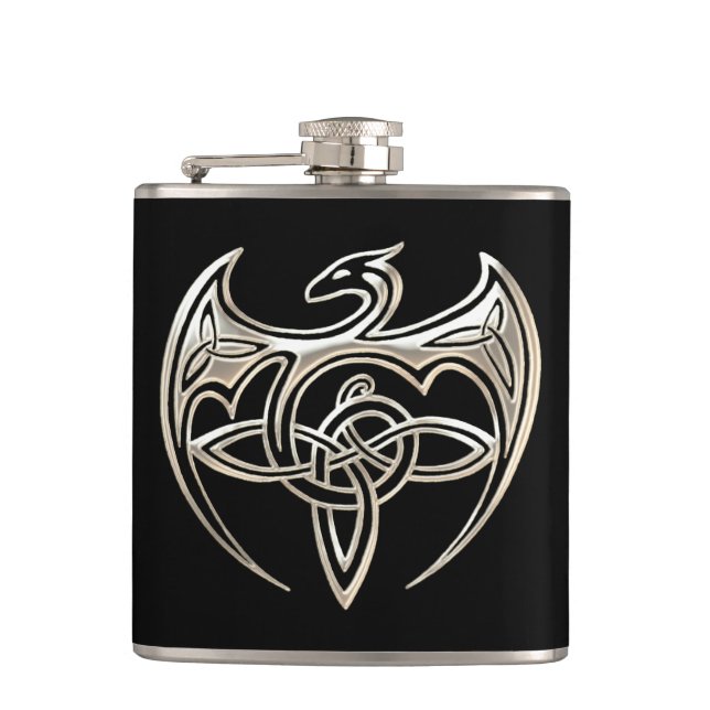 Silver And Black Dragon Trine Celtic Knots Art Hip Flask (Front)