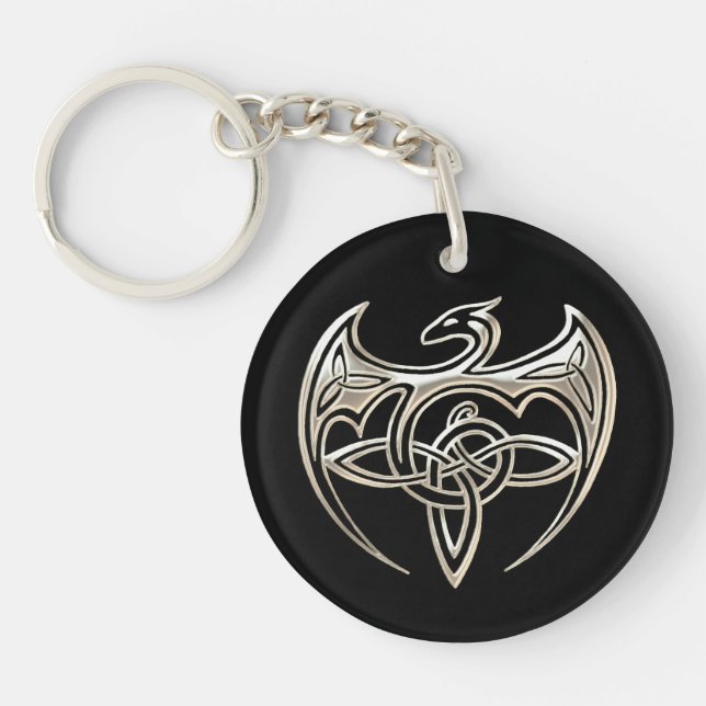 Silver And Black Dragon Trine Celtic Knots Art Keychain (Front)