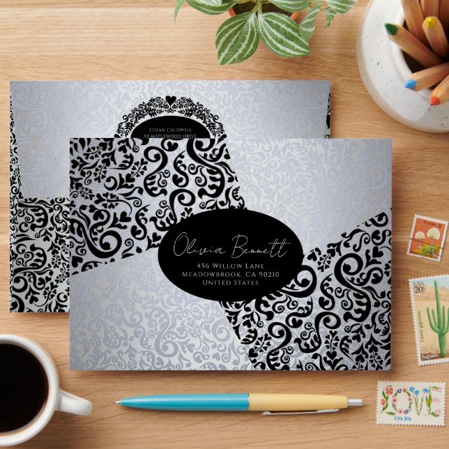 Silver and Black Elegant Damask Pattern Envelope (Desk)