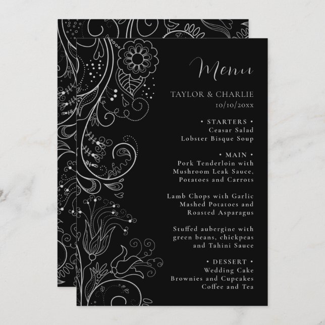 Silver and Black Elegant Floral Wedding Menu (Front/Back)