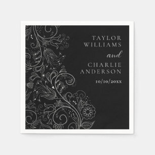 Silver and Black Elegant Floral Wedding Napkin