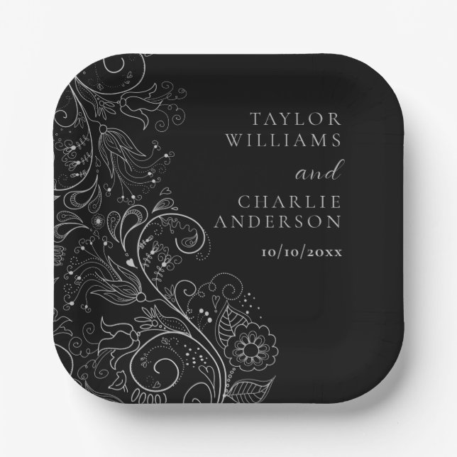 Silver and Black Elegant Floral Wedding Paper Plate (Front)