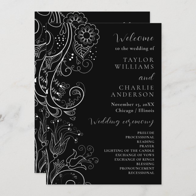 Silver and Black Elegant Floral Wedding Program (Front/Back)