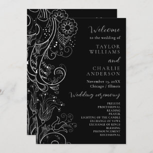 Silver and Black Elegant Floral Wedding Program