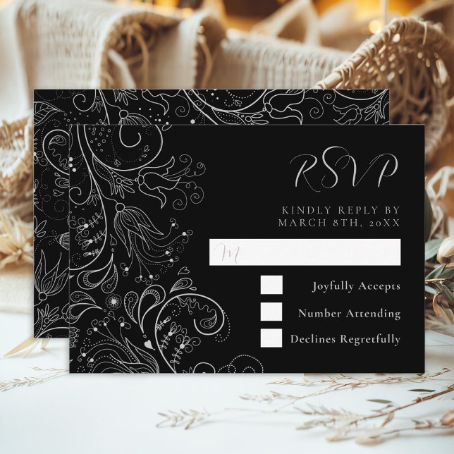 Silver and Black Elegant Floral Wedding RSVP Card (Creator Uploaded)