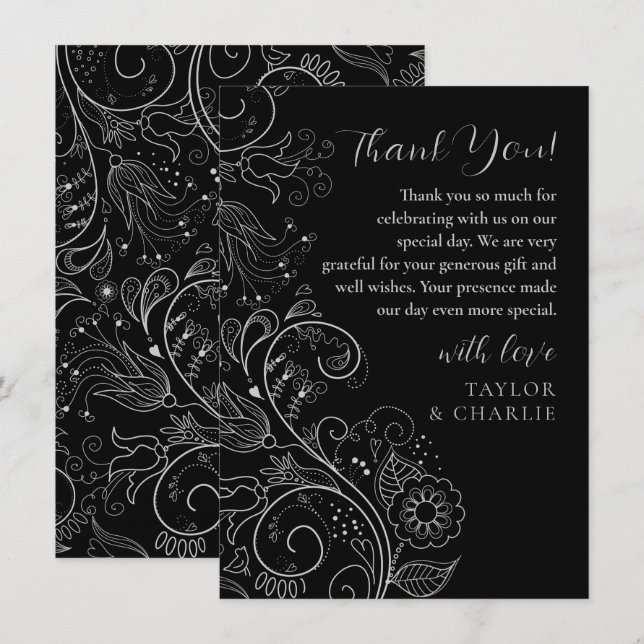 Silver and Black Elegant Floral Wedding Thank You Card (Front/Back)