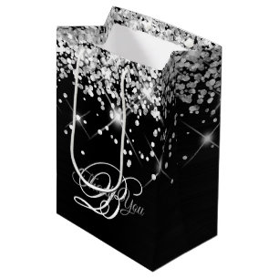 Silver and Black Fancy Monogram Thank You Medium Gift Bag