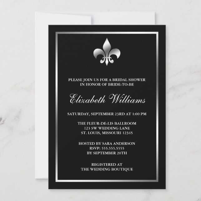 Silver and Black Fleur de Lis Bridal Shower Invitation (Front)