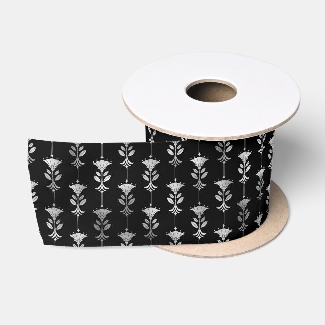 Silver and Black Floral Art Deco Pattern Satin Ribbon (Spool)