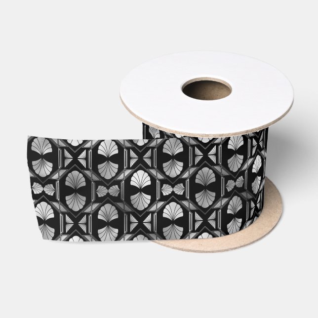 Silver and Black Floral Art Deco Pattern Satin Ribbon (Spool)