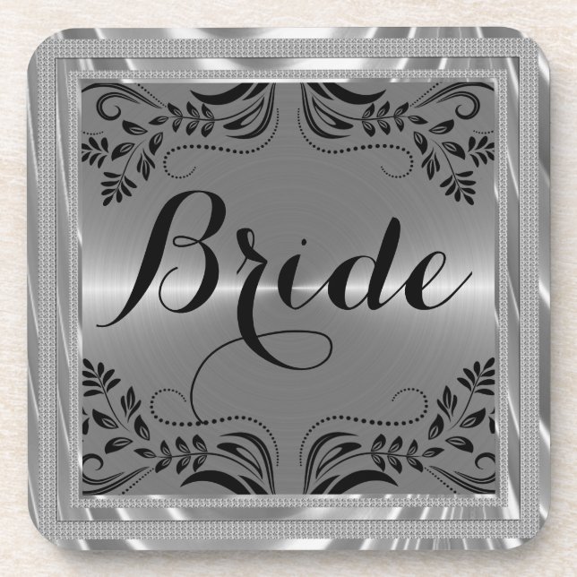 Silver And Black Floral Frame Bride Text Coaster (Front)
