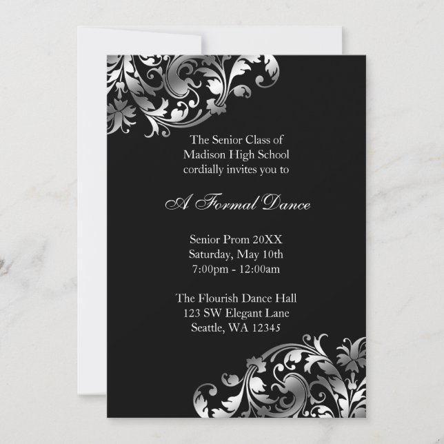 Silver and Black Flourish Prom Formal Invitations (Front)