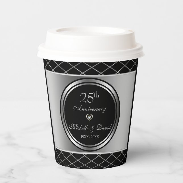 Silver And Black Geometric Shapes- 25th  Paper Cups (Front)
