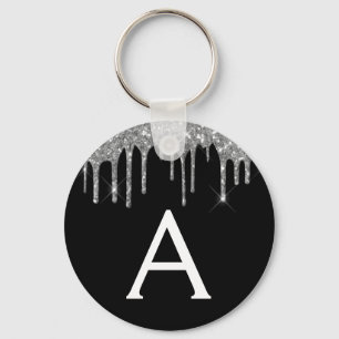 Silver and Black Girly Sparkly Glitter Monogram Keychain
