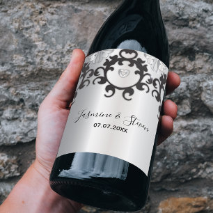 Silver And Black Glam Elegant Stylish Wedding Wine Label