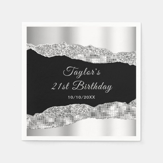 Silver and Black Glam Tears Birthday Party Napkin (Front)