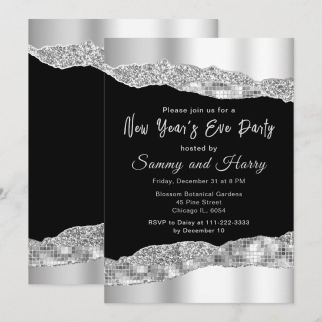 Silver and Black Glam Tears New Year's Eve Party Invitation (Front/Back)