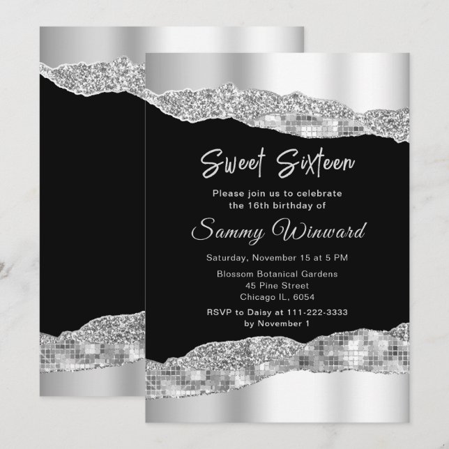 Silver and Black Glam Tears Sweet Sixteen Invitation (Front/Back)