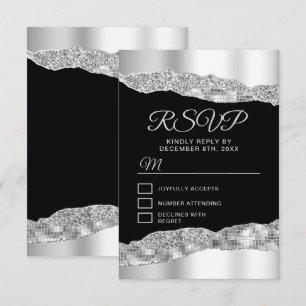 Silver and Black Glam Tears Sweet Sixteen RSVP Card