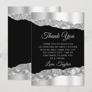 Silver and Black Glam Tears Sweet Sixteen Thank You Card