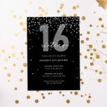 Silver and black glitter sparkle 16th birthday invitation<br><div class="desc">This goregous 16th invitation features silver sparkle discs on black background. For more advanced customisation of this design,  e.g. changing layout,  font or text size please click the "CUSTOMIZE" button above. Please contact me for any questions!</div>