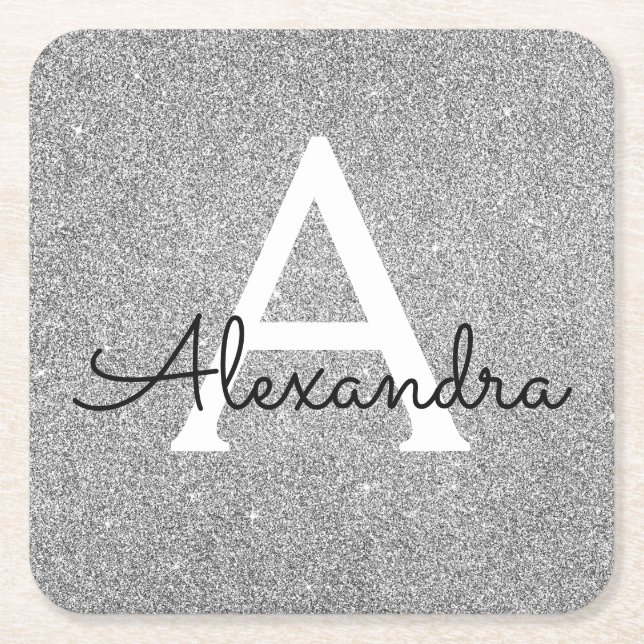 Silver and Black Glitter & Sparkle Monogram Square Paper Coaster (Front)