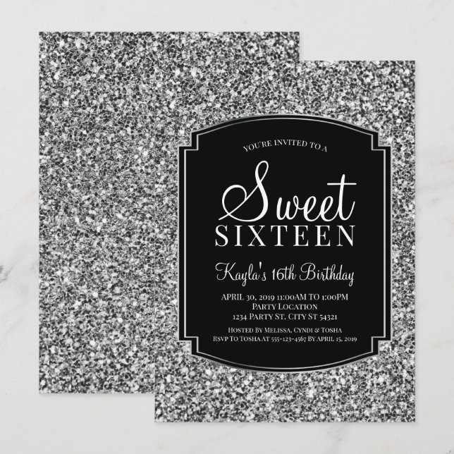 Silver and Black Glitter Sweet 16 Invitations (Front/Back)