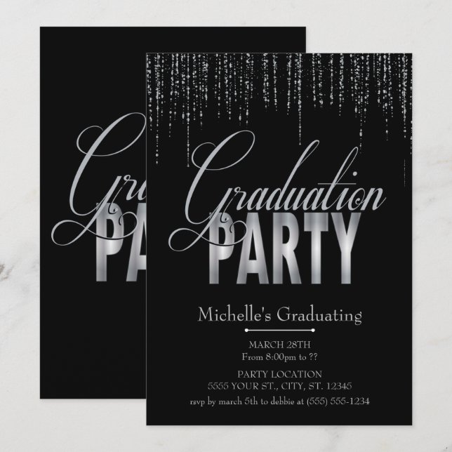 Silver and Black Graduation Party Invitations (Front/Back)