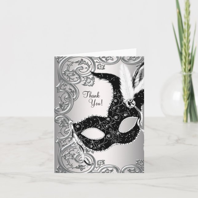 Silver and Black Masquerade Party Thank You Cards (Front)