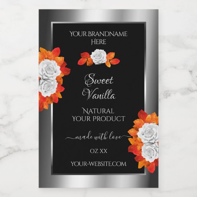 Silver and Black Product Labels Orange White Roses (Single Label)