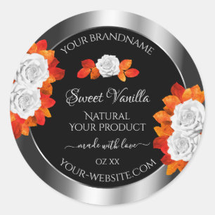 Silver and Black Product Labels Orange White Roses