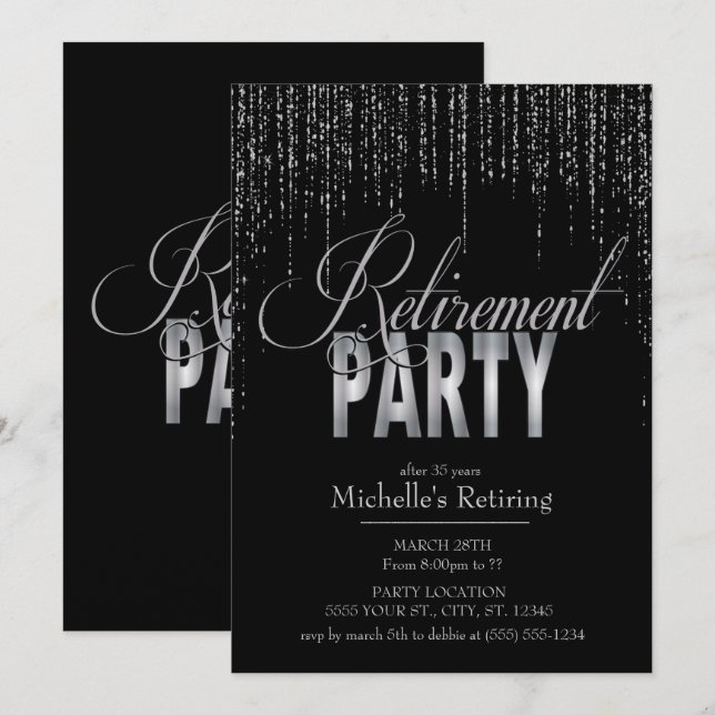 Silver and Black Retirement Party Invitations (Front/Back)