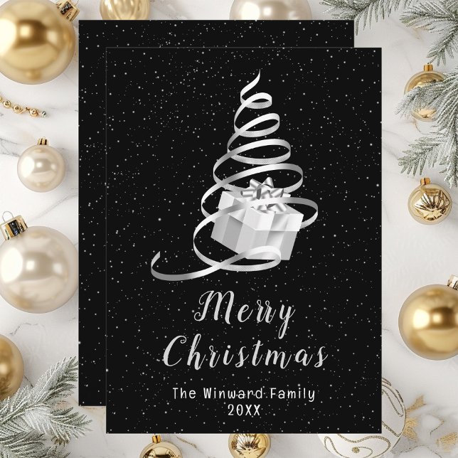 Silver and Black Ribbon Gift Merry Christmas Holiday Card (Creator Uploaded)