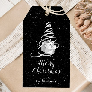Silver and Black Ribbon Gift Merry Christmas Tags