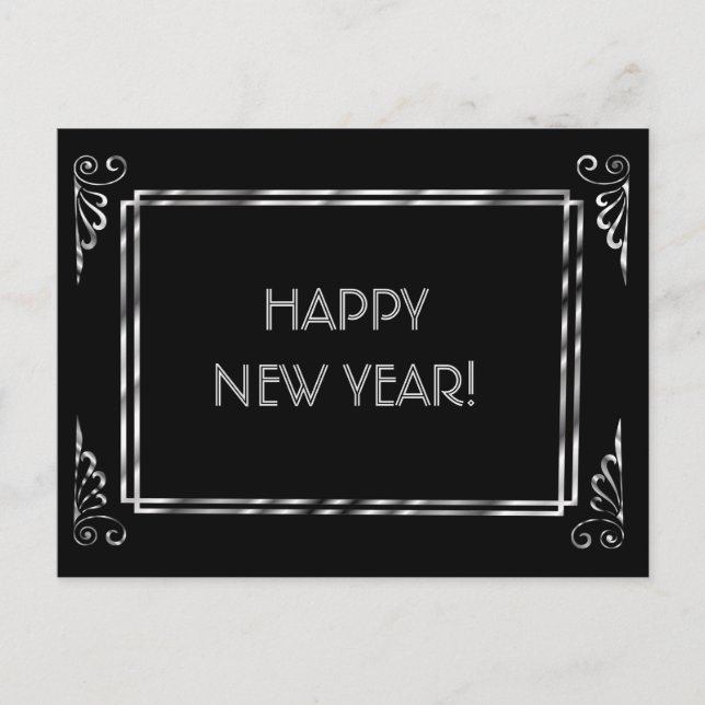 Silver and Black Roaring 20s Style Happy New Year Postcard (Front)
