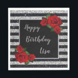 Silver And Black Stripe Glitter Red Roses Birthday Napkin<br><div class="desc">Set the table with a napkin that will enhance the festivities. Birthday parties should be special for every person. Napkins add a unique touch to all birthday parties and events. Personalize by changing the text in the fields provided. You can change font style,  size,  and colour.</div>