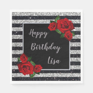 Silver And Black Stripe Glitter Red Roses Birthday Napkin