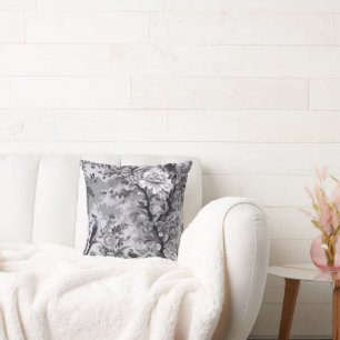 Silver and Black Toile de Fleur Throw Pillow