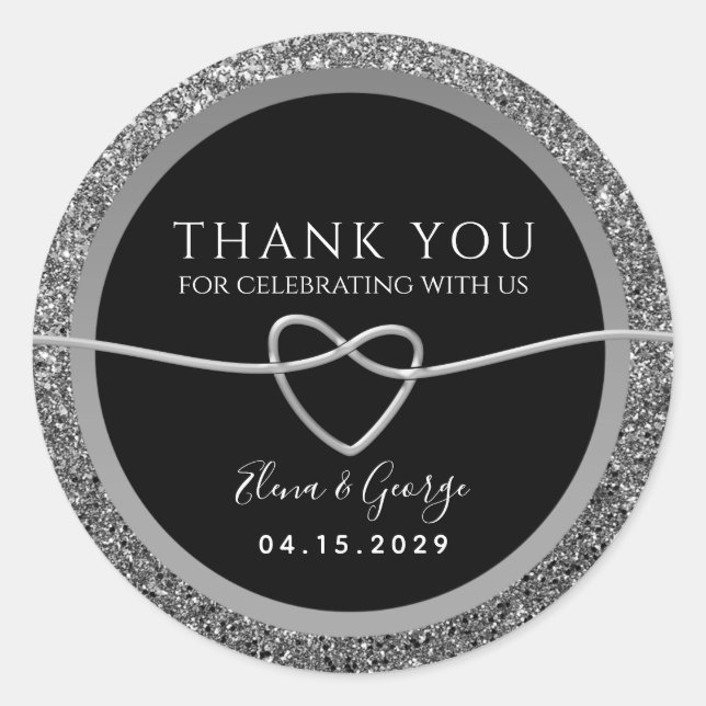 Silver and Black Wedding Thank You Favour Classic Round Sticker (Front)