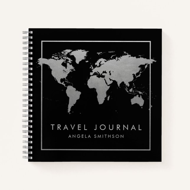 Silver and Black World Map Travel Journal Notebook (Front)