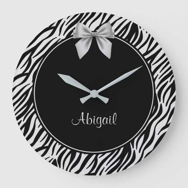 Silver and Black Zebra Print Personalized Large Clock (Front)