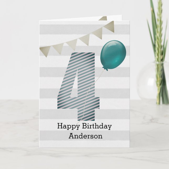 Silver and Blue 4th Birthday Card (Front)
