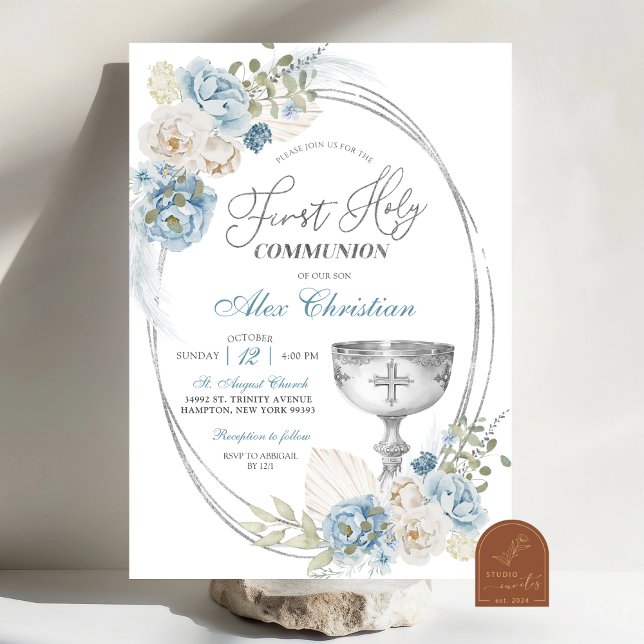 Silver and Blue Boho Boy First Holy Communion Invitation (Creator Uploaded)